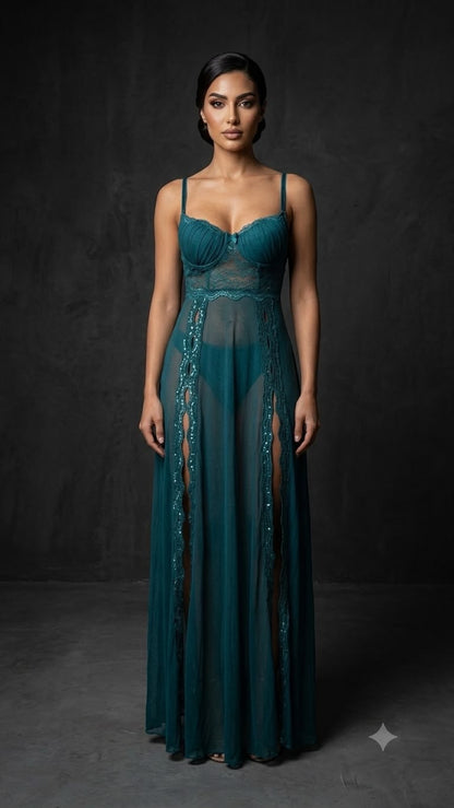 Romantic Dark Green Long Lace Nightgown