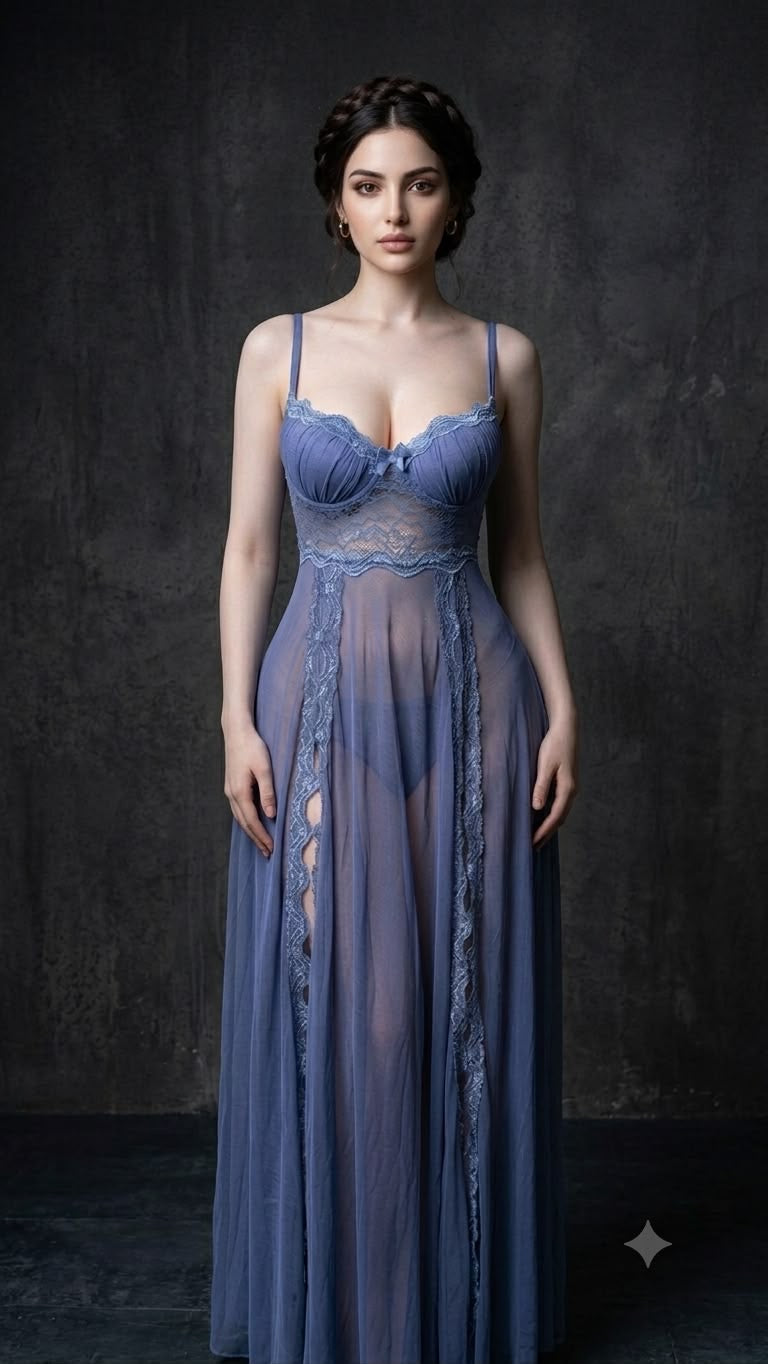 Romantic Dusty Blue Long Lace Nightgown