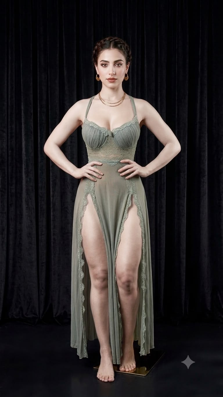 Romantic Sage Green Long Lace Nightgown
