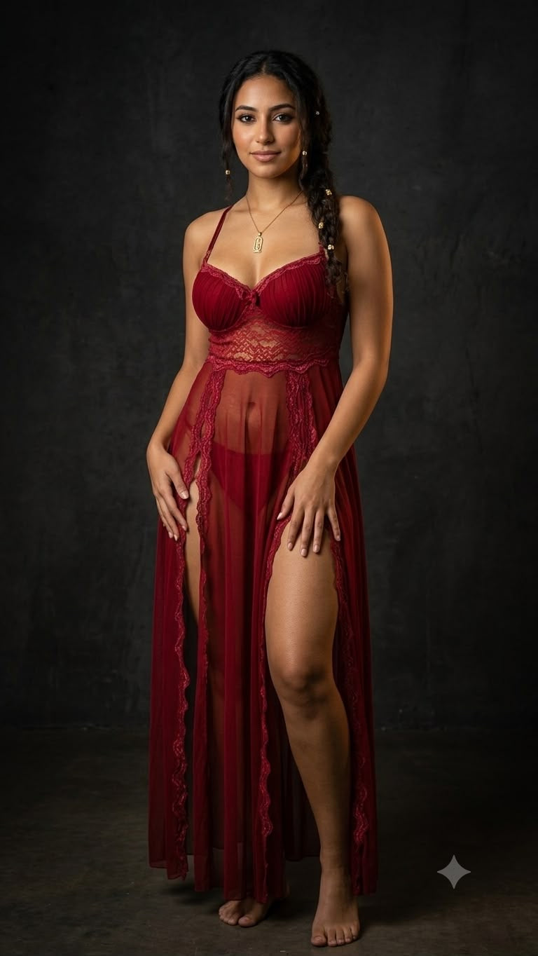 Romantic Burgundy Long Lace Nightgown