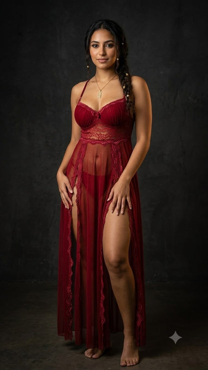 Romantic Burgundy Long Lace Nightgown