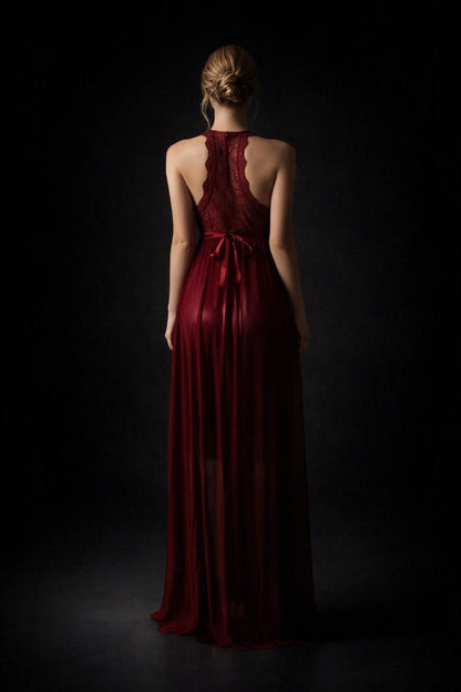 Romantic Burgundy Long Lace Nightgown