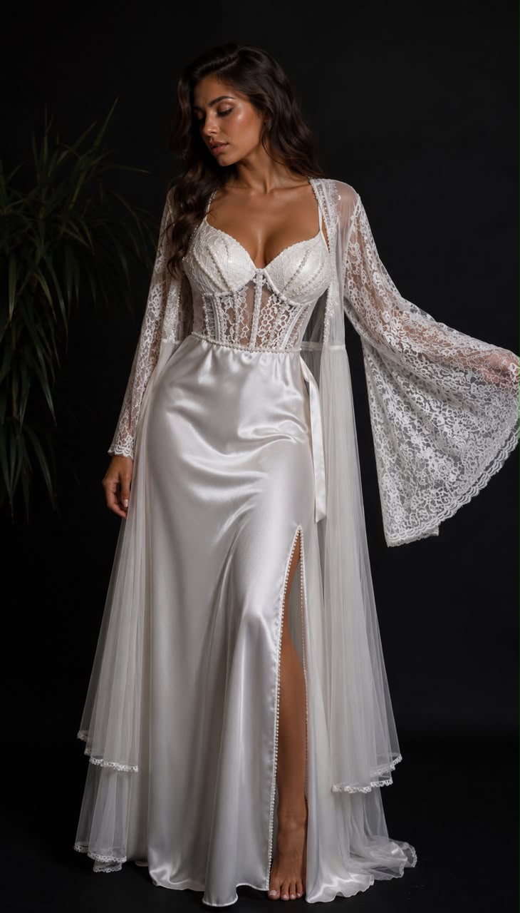 Luxury White Satin Lace Bridal Nightgown