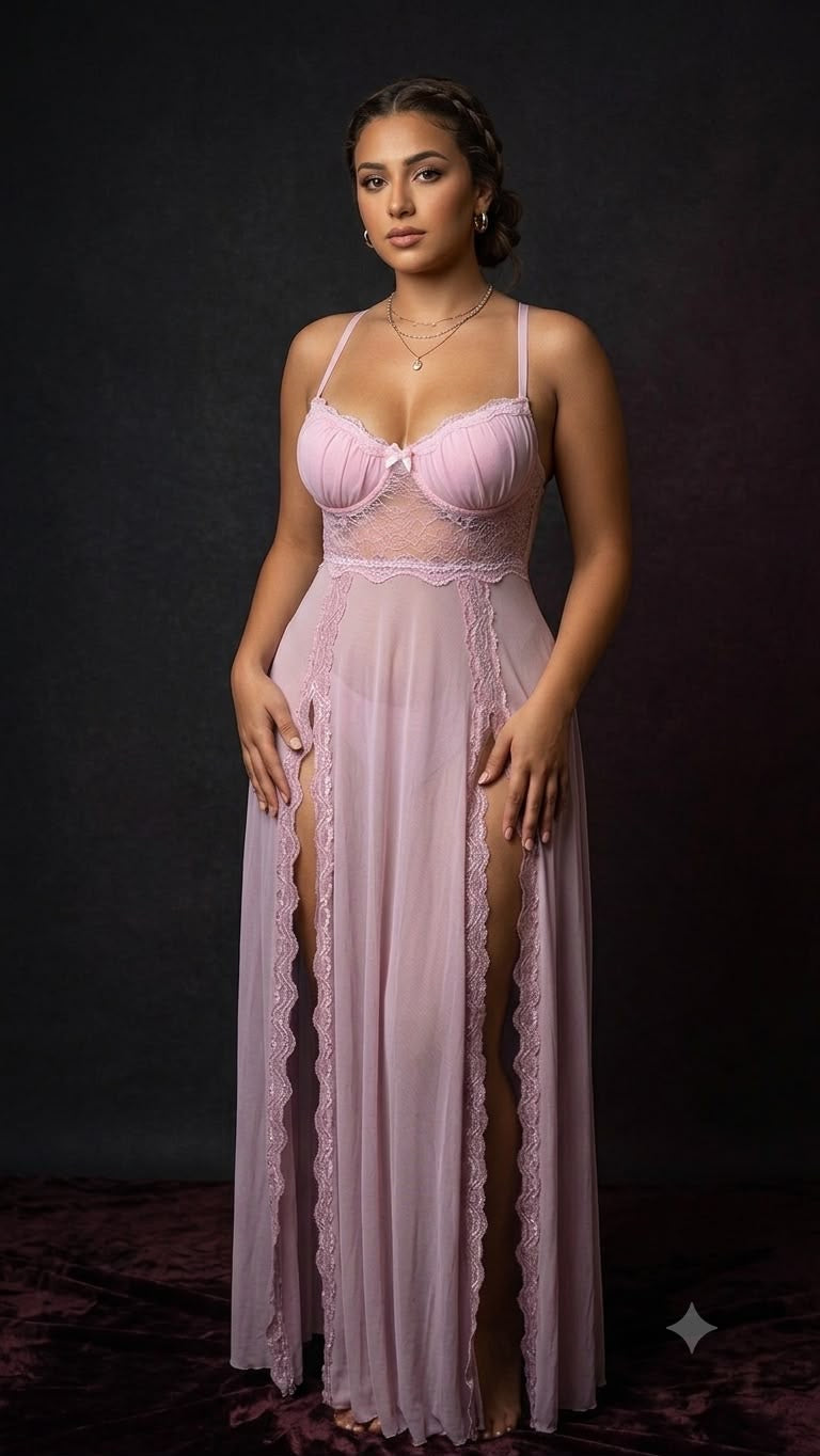 Romantic Light Pink Long Lace Nightgown