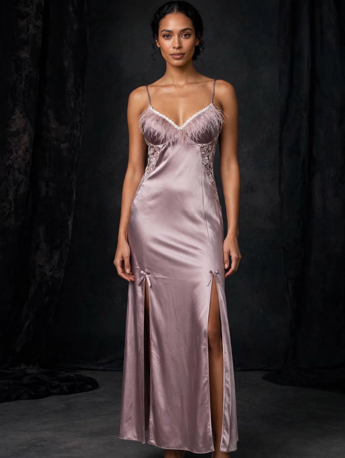 Elegant Satin Feather Nightdress/Rose Gold