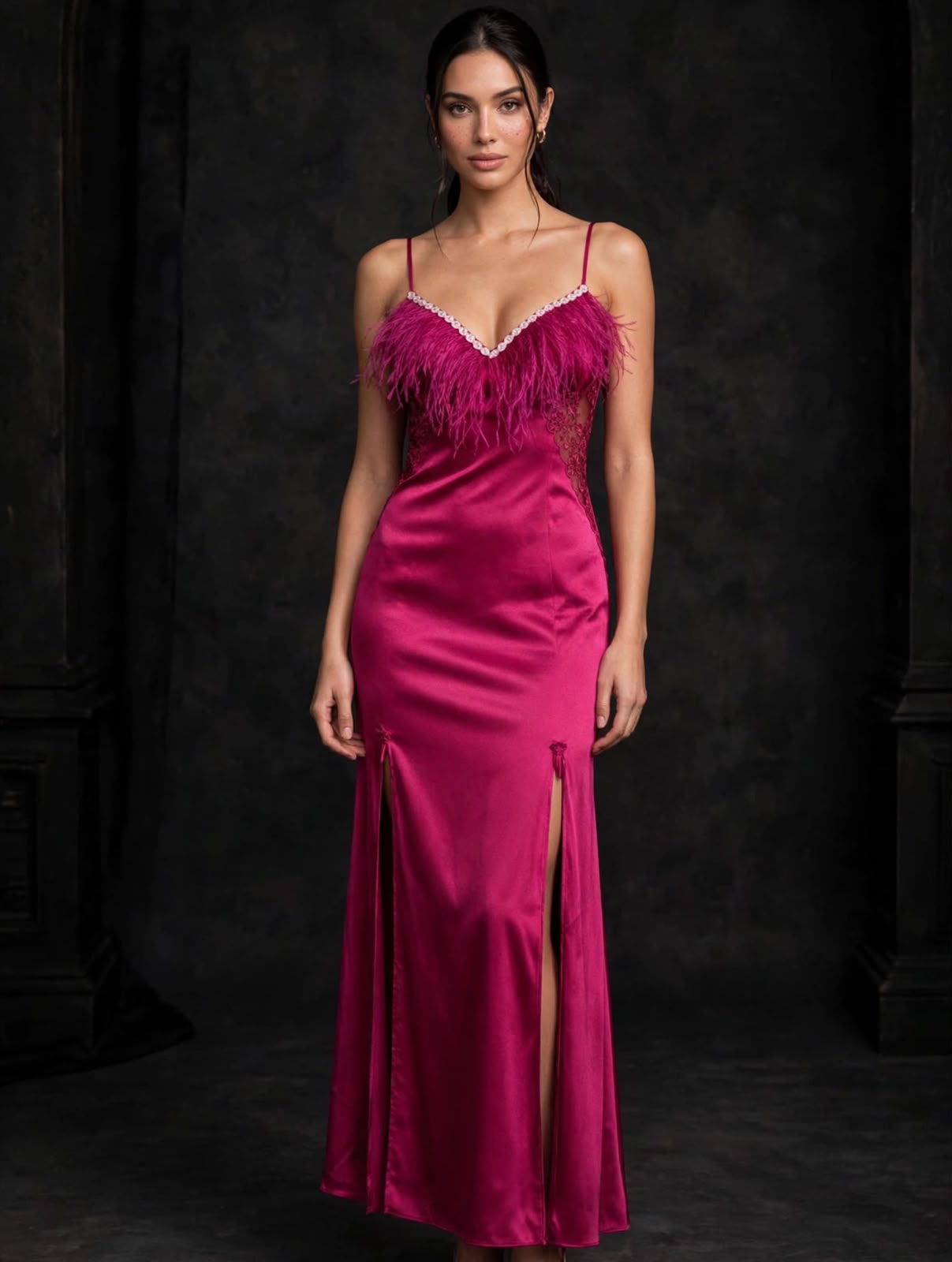 Elegant Satin Feather Nightdress/Burgundy
