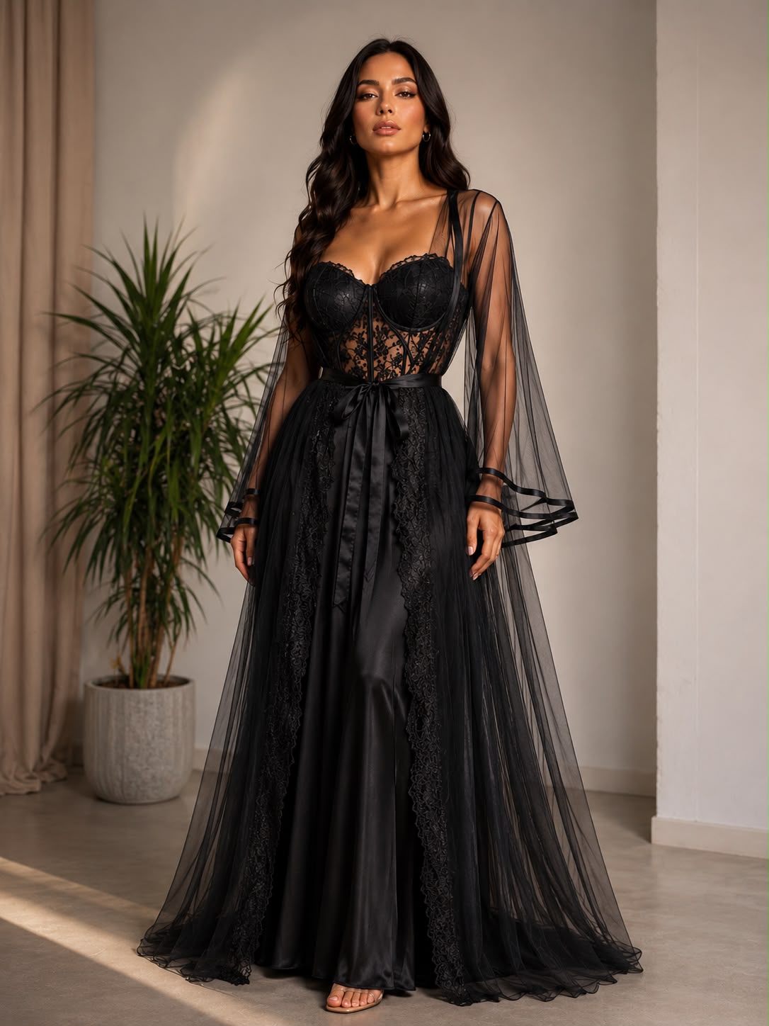 Luxury Black Satin Lace Set
