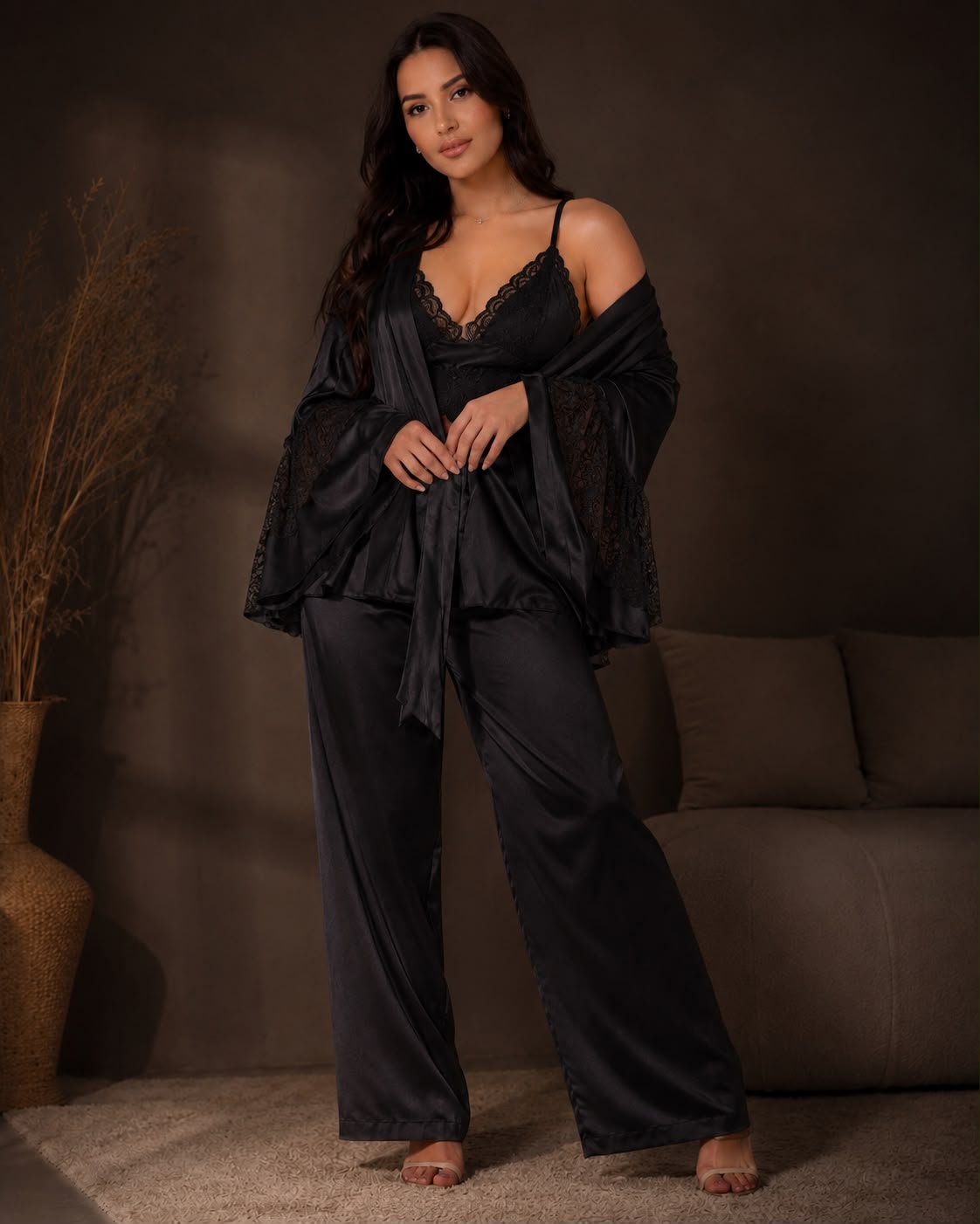 Black Satin 3-Piece Pajama Set