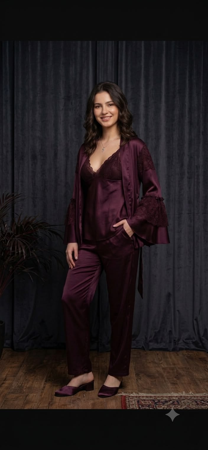 Luxury Burgundy Satin 3-Piece Pajama Set