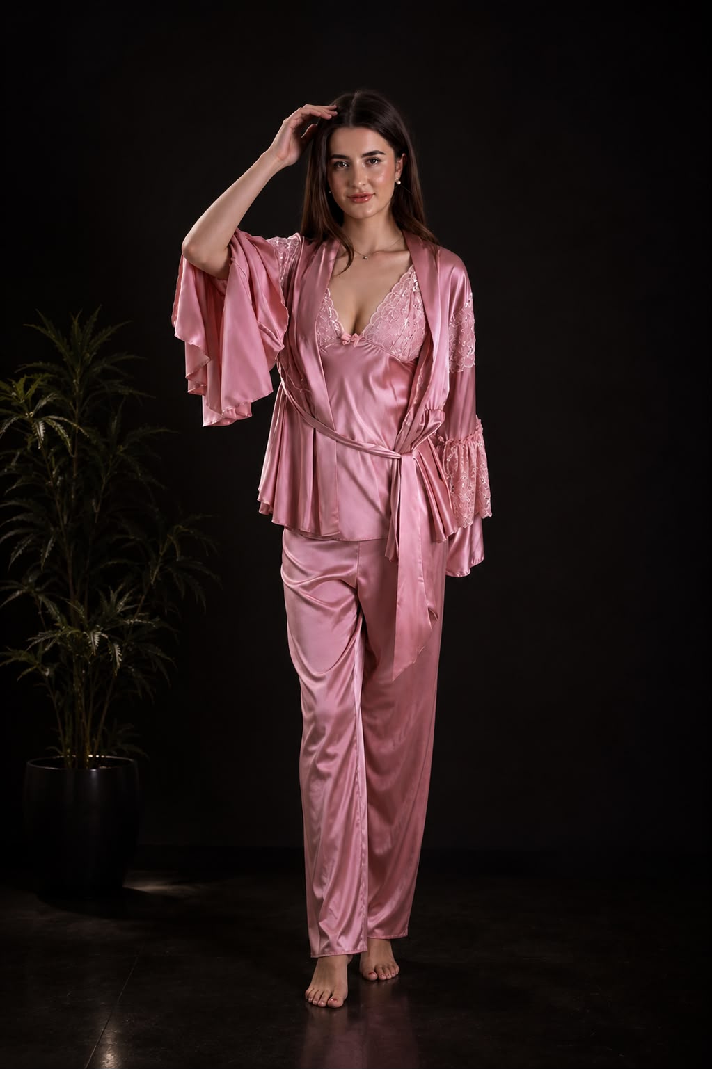 Luxury Pink Satin 3-Piece Pajama Set
