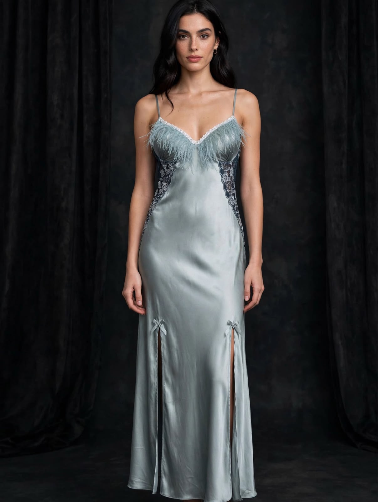 Luxury Mint Green Satin Feather Nightdress