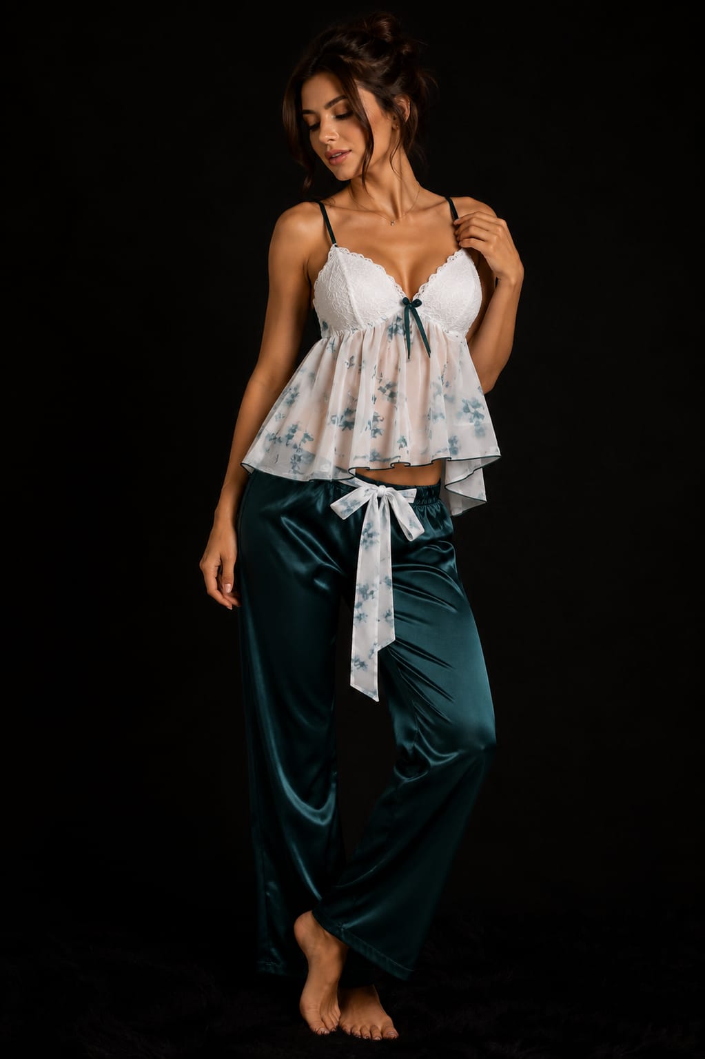 Luxury Emerald Green Floral Satin Lace Pajama Set