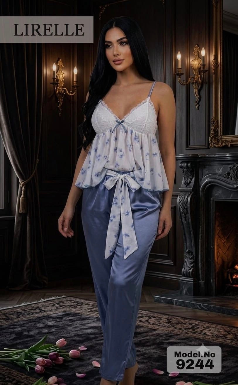 Luxury Dusty Blue Floral Satin Lace Pajama Set